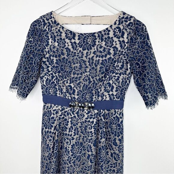 Eliza J | Navy Blue Fitted Lace-Overlay Dress Crystal Embellishment Open-Back 2P - Picture 3 of 14